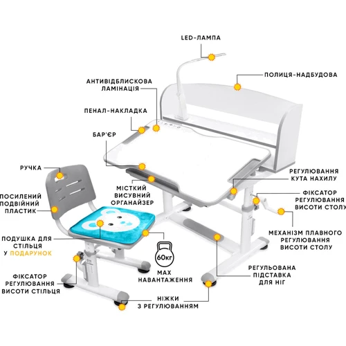 Комплект Evo-kids (стілець + стіл + полку + лампа) (BD- 10 G) Grey