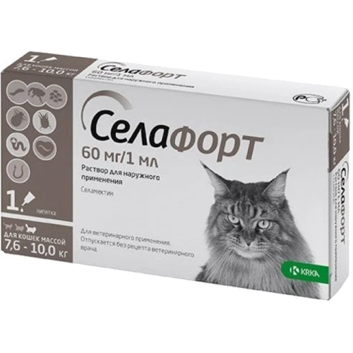 Капли КРКА Селафорт от блох гельминтов для котов 60 мг/1 мл 7.6 -10 кг