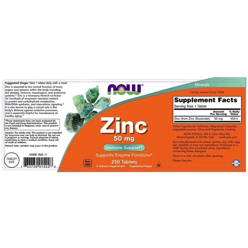 NOW Foods ZINC GLUCONATE 50 mg 250 TABS Цинк глюконат: Тип Цинк