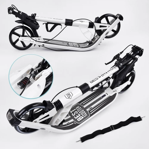 Самокат двоколісний Best Scooter PU колеса, 2 амортизатора, затиск керма, ручне гальмо Black / White (99643): Тип коліс литі