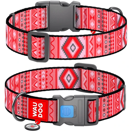 Ошейник для собак нейлоновый WAUDOG Nylon c QR паспортом рисунок Этно красный пластиковый фастекс XXL 35 мм 46-70 см