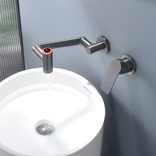 Смеситель настенный Lefton Single-Handle Wall Mount Bathroom Faucet with Temperature Display-BFWM2401 Grey: Вид смесителя Однорычажный