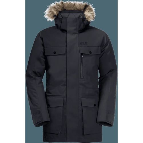 Пуховик Jack Wolfskin Glacier Bay Parka 1113321-6000 52 черный зимний с капюшоном и мехом