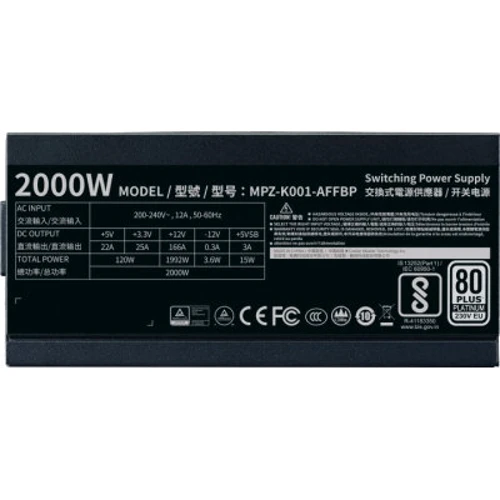 Блок живлення Cooler Master M2000 Platinum (MPZ-K001-AFFBP): Коннектори Подключение материнской платы	20+4 pin Подключение процессора	2x4+4pin Кол-во разъемов дополнительно
