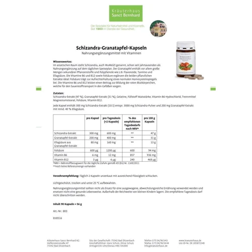 Sanct Bernhard Schizandra-Granatapfe Экстракт лимонника китайского и Граната Шизандры + Гранат 90 капсул: Форма выпуска Капсулы