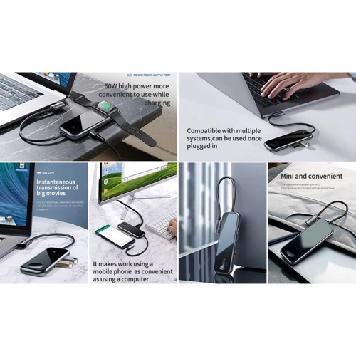 Адаптер Baseus Adapter Superlative USB-C to 2xUSB3.0+HDMI+3.5mm Deep Grey with Wireless Charger (CAHUB-AZ0G) for Apple Watch фото 7