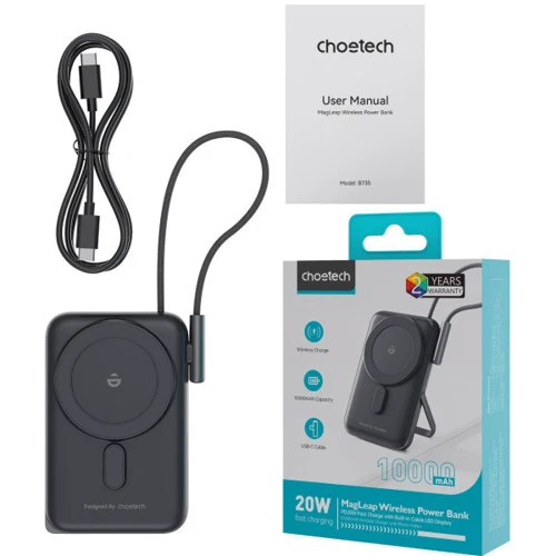 Внешний аккумулятор Choetech Power Bank 10000mAh Magnetic Wireless with USB-C Cable 20W Black (B735-CCBK)