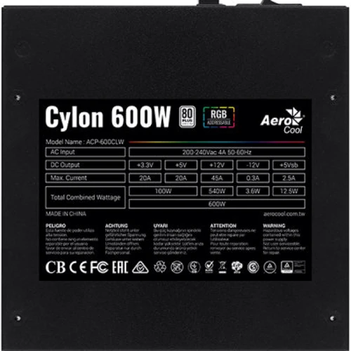 Блок питания Aerocool Cylon 600 (ACPW-CL60AEC.11): Коннекторы Подключение материнской платы	20+4 pin Подключение процессора	4+4pin Кол-во разъемов дополнительного