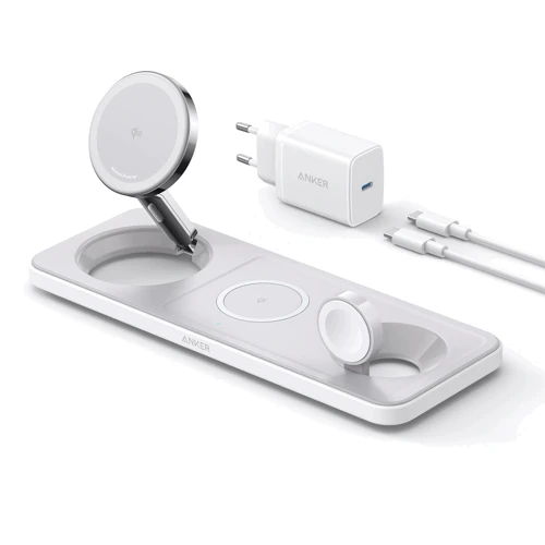 Зарядное устройство ANKER Wireless Charger MagSafe 3in1 Pad 15W with USB-C Cable White (B25M1321) for iPhone 16 I 15 I 14 I 13 I 12 series, Apple Watch and Apple AirPods