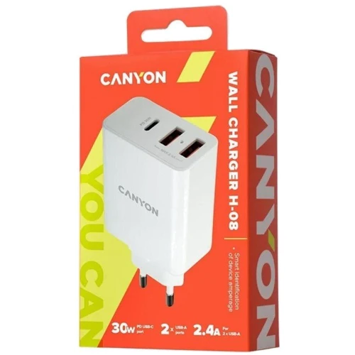 Зарядний пристрій Canyon Wall Charger USB-C+2xUSB H-08 30W White (CNE-CHA08W): Кабель в комплекті отсутствует