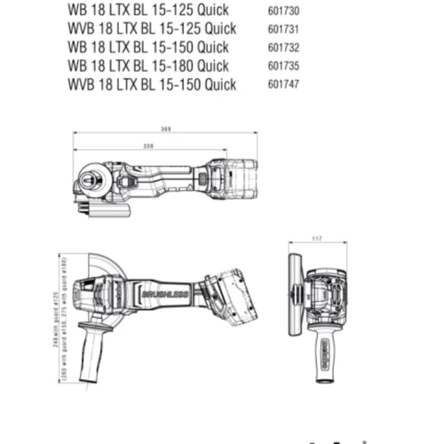 Болгарка (угловая шлифовальная) Metabo WB 18 LTX BL 15-125 Quick (601730850): Тип машины угловая