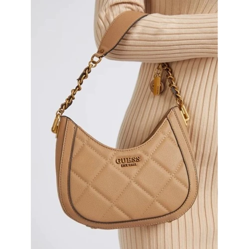 Женская сумка хобо GUESS ABEY SMALL HOBO темно-бежевая (HWQB8558010-BEI): Фактура Стеганая, Матовая