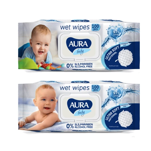 AURA Baby Детские влажные салфетки Baby 97% воды с клапаном 100 шт.