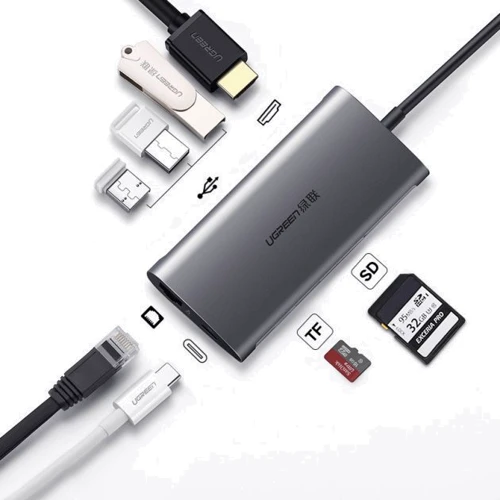 Адаптер Ugreen Adapter CM121 USB-C to USB-C+3xUSB3.0+HDMI+RJ45+SD Gray (50538): Интерфейс подключения USB-C