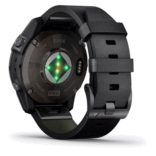 Смарт-часы Garmin Epix Pro (Gen 2) 47mm Sapphire Carbon Grey DLC Titanium with Black Leather Band (010-02803-30): Фитнес-функции Шагомер, Умный будильник, Секундомер, Пульсометр, Пульсоксиметр, Подсчет калорий, Альтиметр, GPS-модуль