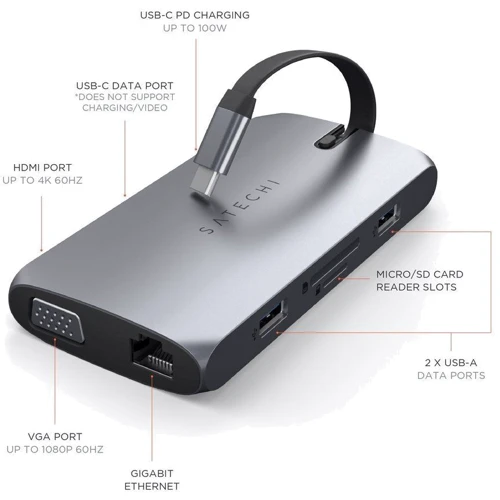 Адаптер Satechi Adapter USB-C to USB-C + HDMI + VGA + 2xUSB3.0 + SD + RJ45 Space Grey (ST-UCMBAM): Колір сірий