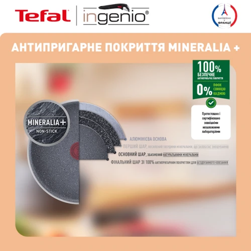 Набор сковородок Tefal Ingenio Natural Force 3 предмета (L3969102): Дополнительно Съемная ручка, Ненагревающаяся ручка, Мытье в посудомоечной машине, Многослойное дно, Индукционное д