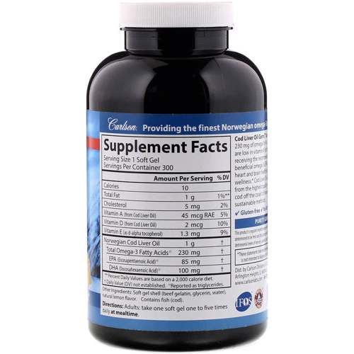 Carlson Labs Wild Norwegian, Cod Liver Oil Gems, Low Vitamin A, Natural Lemon Flavor, 300 Soft Gels (CAR-01393): Тип Омега 3