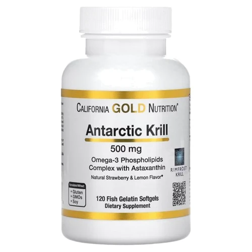 California Gold Nutrition Antarctic Krill Oil Omega-3 Олія антарктичного криля 500 мг смак полуниці та лимона 120 желатинових капсул