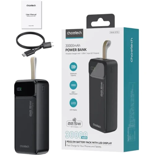 Внешний аккумулятор Choetech Power Bank 30000mAh PD QC3.0 22.5W Black (B730-ACBK)