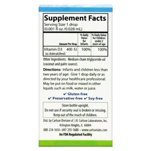 Carlson Labs Kid's Super Daily D3 400 IU 10.3 ml Вітамін Д3 для дітей: Тип вітамін D
