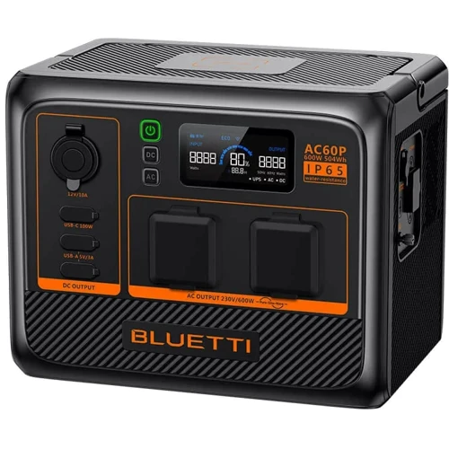 Зарядная станция Bluetti AC60P 504Wh 600W: Разъемы для подзарядки Зарядка от автомобиля, Зарядка от сети, Зарядка от солнечной панели