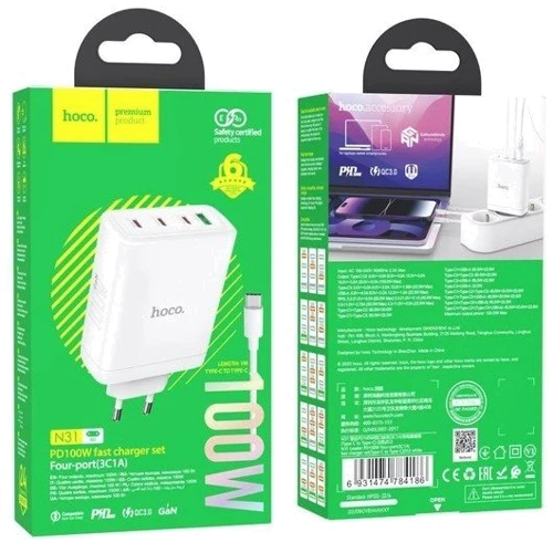 Зарядний пристрій Hoco Wall Charger 3xUSB-C+USB N31 with USB-C Cable White: Кабель в комплекті USB-C