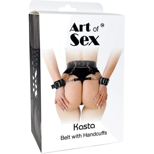 Кожаный пояс с наручниками Art of Sex - Kasta, черный L-2XL