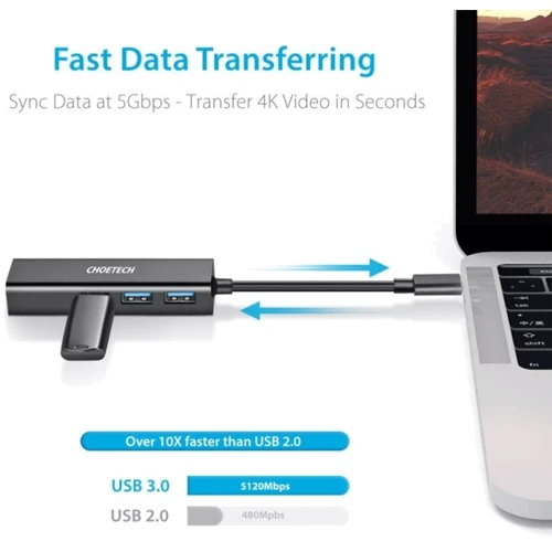 Адаптер Choetech Adapter 4-in-1 USB-C to 3xUSB3.0+RJ45 Black (HUB-U02-BK): Інтерфейс підключення USB-C
