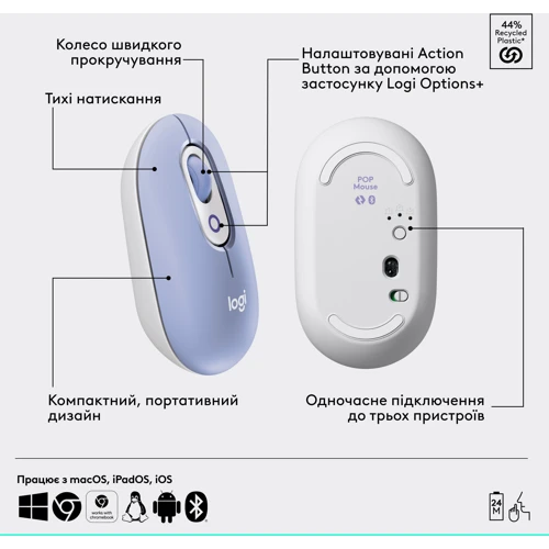 Мишка Logitech POP Mouse Lilac (910-007414): Вага 58.2 г