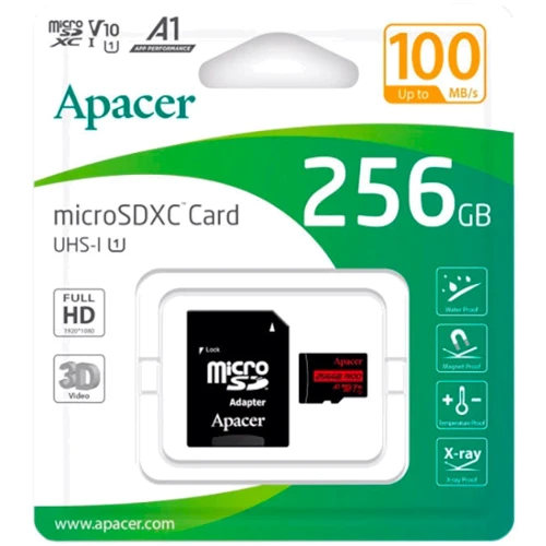 Карта памяти Apacer 256GB microSDHC Class 10 UHS-I V10 + adapter (AP256GMCSX10UB-R): Объем 256 ГБ