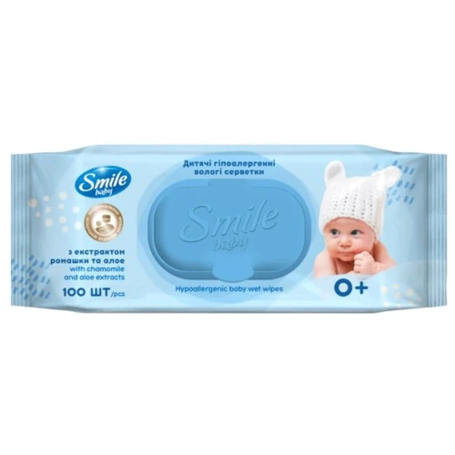 Smile Baby Дитячі вологі серветки з екстрактом ромашки, алое та вітамінним комплексом з клапаном 100 шт