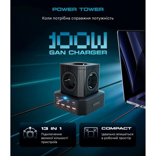 Зарядний пристрій ArmorStandart Wall Charger Resolute Power ARP-544 100W GaN 2m Black (ARM73177): Особливості USB-C, Швидка зарядка, Power Delivery (PD)