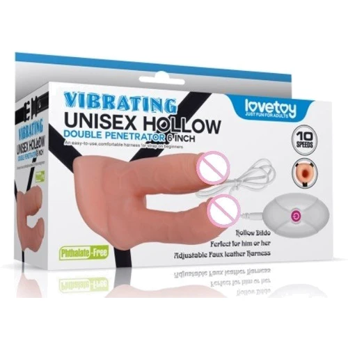 Двойной полый страпон с вибрацией LoveToy Vibrating Unisex Hollow Double Penetrator