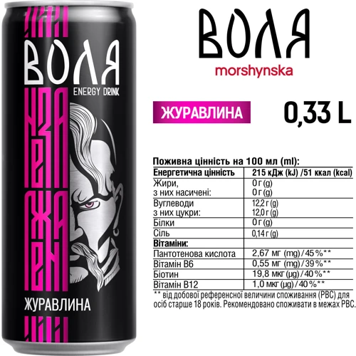 Напиток энергетический Моршинська Воля среднегазированный со вкусом Клюква 0.33 л (4820017003025): Вид Энергетические напитки
