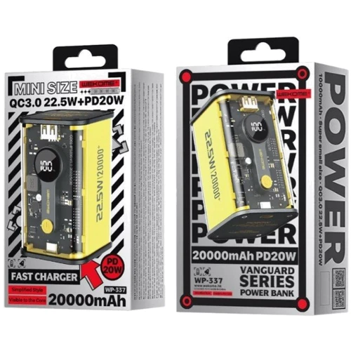 Внешний аккумулятор WK Wekome Power Bank 20000mAh Vanguard Fast Charging PD20W+22.5W Yellow (WP-337): Особенности Индикатор заряда, противоударные, С дисплеем, быстрая зарядка