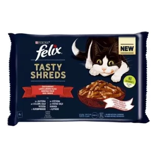 Влажный корм FELIX Tasty Shreds для взрослых котов мультипак: 2х80г с говядиной и 2х80г с курицей (7613287650320)
