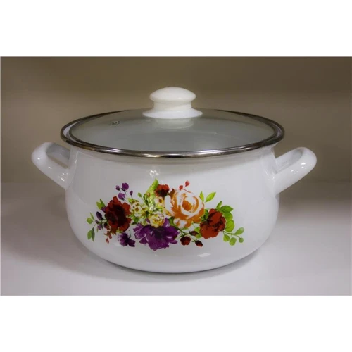 Кастрюля Ardesto Melanie Magic Flowers, стеклянная крышка, 2.0л, белая, эмалированая (AR0120)