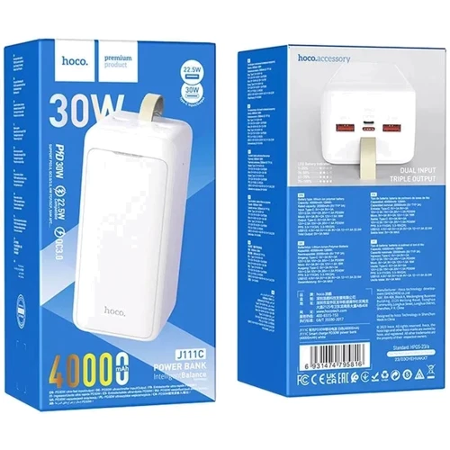 Зовнішній акумулятор Hoco Power Bank 40000mAh J111C Smart Charge PD 30W White: Особливості швидка зарядка, Компактний розмір, індикатор заряду