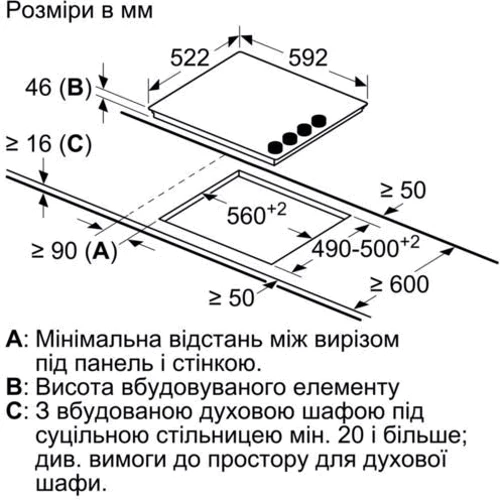 Варочная поверхность электрическая Bosch PKE652CA1E: Размеры для встраивания 56 x 49 см