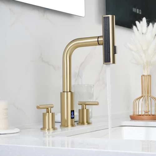 Смеситель для раковины Lefton Two-Handle Widespread Waterfall & Pull-Out Bathroom Faucet with Temperature Display-BFWS2401 Brushed Gold: Материал Латунь