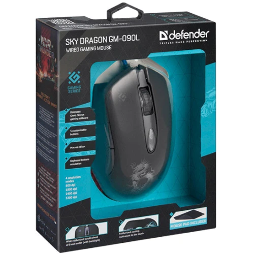 Мышь Defender Sky Dragon GM-090L Black (52090): Максимальное разрешение сенсора, dpi 3200
