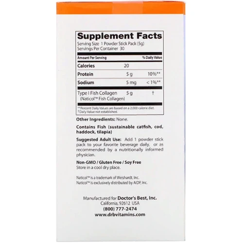 Doctor's Best, Fish Collagen with Naticol, 30 Powder Stick Packs (DRB-00418): Тип Коллаген
