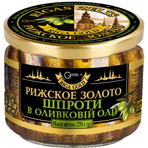 Шпроты в оливковом масле Рижское золото 270 г (4820062447492)