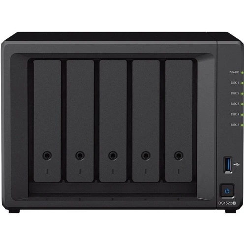 Сетевой накопитель (NAS) Synology DS1522+: Слоты для дисков 5 x 2,5" или 3,5" HDD/SSD с интерфейсом SATA, 2 твердотельных накопителя SSD NVMe M.2 2280