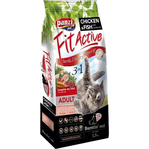 

Сухой корм FitActive 3in1 для стерилизованных кошек и кастрированных котов с профилактикой мочекаменной болезни с птицей рыбой и клюквой 1.5 кг