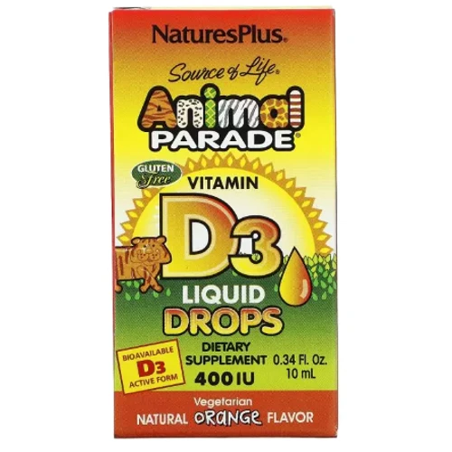 Natures Plus Animal Parade Vitamin D3 Liquid Drops Витамин D3 400 МЕ для детей 10 мл капли вкус апельсина