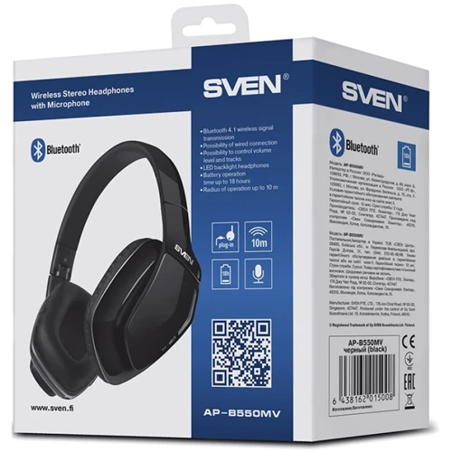 Наушники SVEN AP-B550MV Bluetooth Black: Сопротивление наушников (Ом) 32