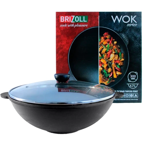 Сковорода Brizoll Wok чугунная со стеклянной крышкой 4.7л 300х103мм (W30-6): Антипригарное покрытие нет