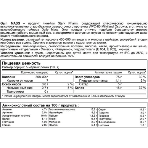 Гейнер Stark Pharm Gain Mass Gainer 1000 g /10 servings/ Strawberry